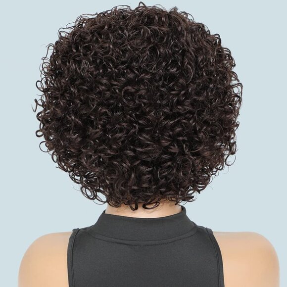 Short Curly Human Hair Wigs For Black Women Dark Brown Human Hair Curly Wigs Non - Picture 4 of 7